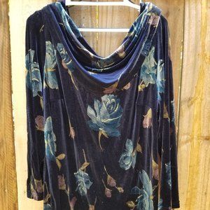Long Sleeve, Velour, Cowl Neck, Floral, Blue Blouse. Size 18W, Dress Barn